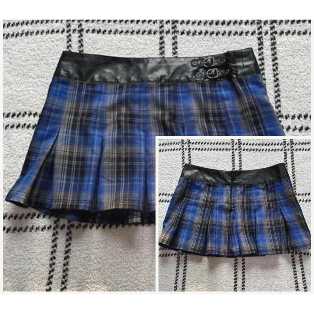Y2k Abbey Dawn Plaid Micro Mini Skirt 7 Blue Black Gray Pleats Buckles Academia